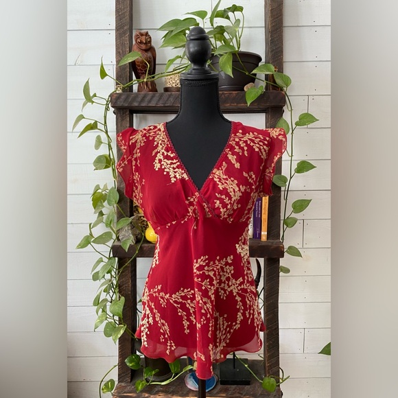 Helium: Red V Neck Top with Lace Trim - Picture 8 of 17